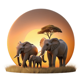 beautiful artistic A family of elephants crossing a dusty savanna, silhouetted against the setting sun, captured in a cinematic style with warm tones and dramatic lighting premium png
