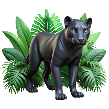magnificent minimalist A sleek black panther stalking through dense jungle foliage, dappled shadows, hyperrealistic style high resolution png