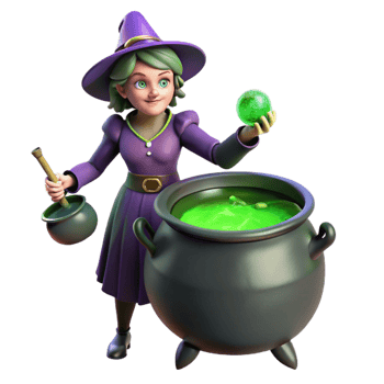 stunning creative A powerful witch brewing a potion in a cauldron, dark, green lighting, Gothic style, bubbling and steaming potion authentic png