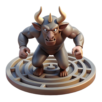 serene abstract A fierce minotaur trapped in a labyrinth, dramatic lighting, Baroque style, frustrated pose premium png