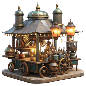 serene traditional A bustling steampunk marketplace filled with vendors selling bizarre gadgets and automatons, illuminated by hanging Edison bulbs and flickering gas lamps original png