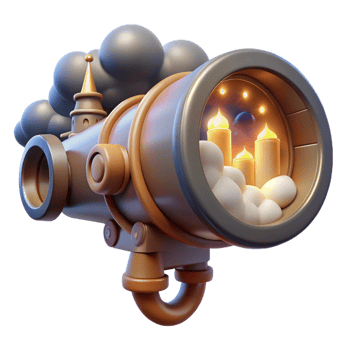magnificent minimalist A view through a steampunk telescope showing a distant city in the clouds, illuminated by a bright, otherworldly light exclusive png