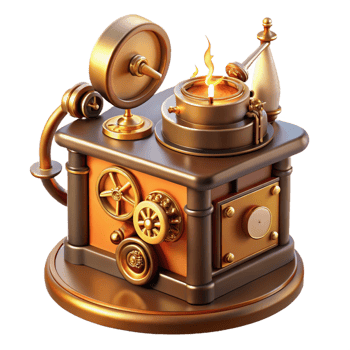 wonderful artistic A close-up of a steampunk music box playing a melancholic melody, intricate gears and tiny figures, illuminated by a warm candlelight 4K png