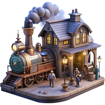 elegant minimalist A bustling steampunk train station with steam billowing and people rushing, illuminated by gas lamps and the headlights of the train premium png