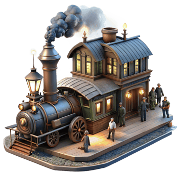 serene modern A bustling steampunk train station with steam billowing and people rushing, illuminated by gas lamps and the headlights of the train original png