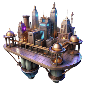 serene classic A steampunk cityscape with towering buildings connected by intricate sky bridges, illuminated by a vibrant, futuristic glow original png