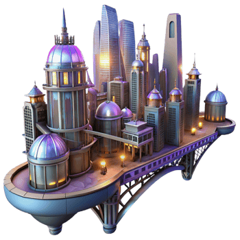 serene artistic A steampunk cityscape with towering buildings connected by intricate sky bridges, illuminated by a vibrant, futuristic glow genuine png