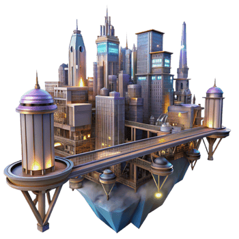 dramatic contemporary A steampunk cityscape with towering buildings connected by intricate sky bridges, illuminated by a vibrant, futuristic glow 4K png