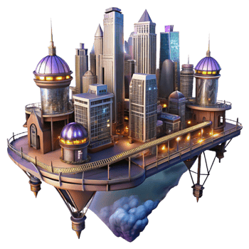 elegant modern A steampunk cityscape with towering buildings connected by intricate sky bridges, illuminated by a vibrant, futuristic glow authentic png