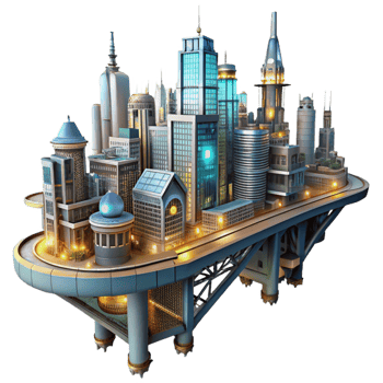 magnificent minimalist A steampunk cityscape with towering buildings connected by intricate sky bridges, illuminated by a vibrant, futuristic glow exclusive png