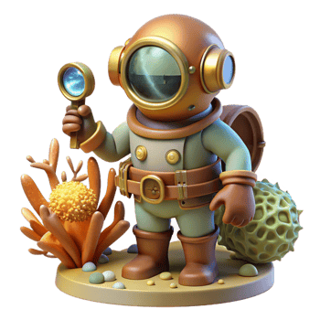 elegant creative A steampunk diver in a brass diving suit exploring a coral reef, illuminated by the underwater sunlight 4K png