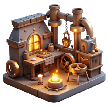 dramatic classic A steampunk workshop filled with tools, gadgets, and half-finished inventions, illuminated by the warm glow of lamps and the flickering light of a forge 4K png