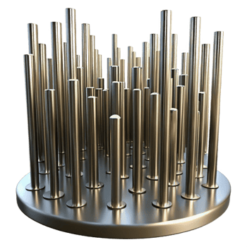 elegant traditional A field of tall, slender, metal rods, vibrating at different frequencies, visualized as blurred lines, under a dim, industrial light original png