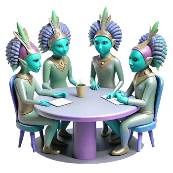 extraordinary traditional A group of alien diplomats, with iridescent skin and intricate, feathered headdresses, gathered around a holographic table. Detailed, realistic style detailed png
