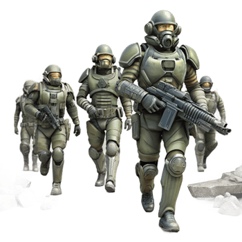 dramatic creative A group of genetically engineered soldiers, wearing advanced power armor, marching through a war-torn city. Gritty, realistic style high resolution png