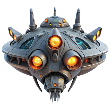 dramatic rustic A massive, sentient spaceship, with glowing eyes and intricate, organic designs, traversing the cosmos. Surreal, biomechanical style premium png