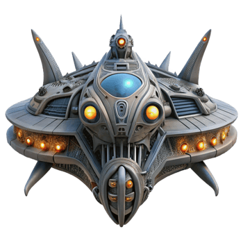 beautiful modern A massive, sentient spaceship, with glowing eyes and intricate, organic designs, traversing the cosmos. Surreal, biomechanical style high quality png