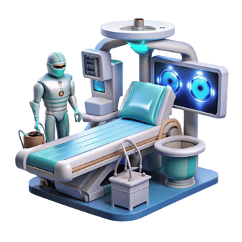 elegant traditional A futuristic hospital, filled with holographic displays and advanced medical equipment, where a patient undergoes a cybernetic surgery. Clean, sterile style high quality png