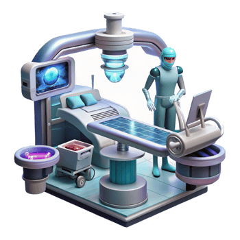 dramatic abstract A futuristic hospital, filled with holographic displays and advanced medical equipment, where a patient undergoes a cybernetic surgery. Clean, sterile style premium png