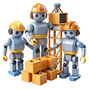 extraordinary traditional A group of robots, working together to build a massive structure on a desolate, alien planet. Industrial, realistic style detailed png