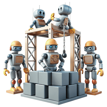 magnificent creative A group of robots, working together to build a massive structure on a desolate, alien planet. Industrial, realistic style exclusive png