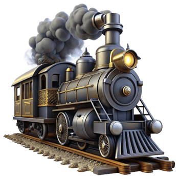 stunning contemporary A powerful steampunk locomotive, sleek black steel, billowing steam, speeding through a dark, industrial landscape, dramatic lighting, dieselpunk style 4K png