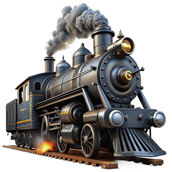 vibrant vintage A powerful steampunk locomotive, sleek black steel, billowing steam, speeding through a dark, industrial landscape, dramatic lighting, dieselpunk style genuine png