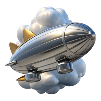 stunning modern A sleek steampunk airship, silver and chrome, soaring through a cloudy sky, lit by a bright sun, art deco style authentic png