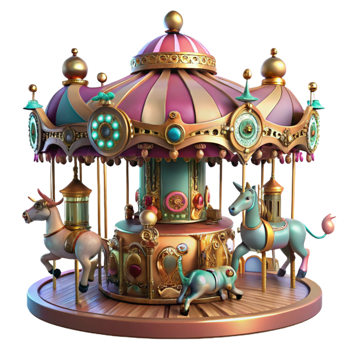 extraordinary traditional A whimsical steampunk carousel, adorned with mechanical animals and intricate gears, colorful lighting, art nouveau style authentic png