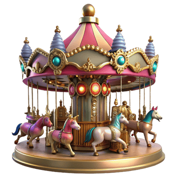 impressive rustic A whimsical steampunk carousel, adorned with mechanical animals and intricate gears, colorful lighting, art nouveau style high quality png