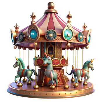 stunning artistic A whimsical steampunk carousel, adorned with mechanical animals and intricate gears, colorful lighting, art nouveau style professional png