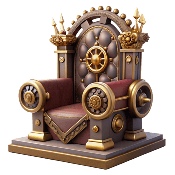 elegant contemporary A majestic steampunk throne, ornate gold and velvet, adorned with gears and clockwork, dramatic lighting detailed png