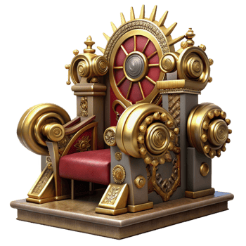 vibrant minimalist A majestic steampunk throne, ornate gold and velvet, adorned with gears and clockwork, dramatic lighting professional png