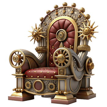 wonderful rustic A majestic steampunk throne, ornate gold and velvet, adorned with gears and clockwork, dramatic lighting detailed png