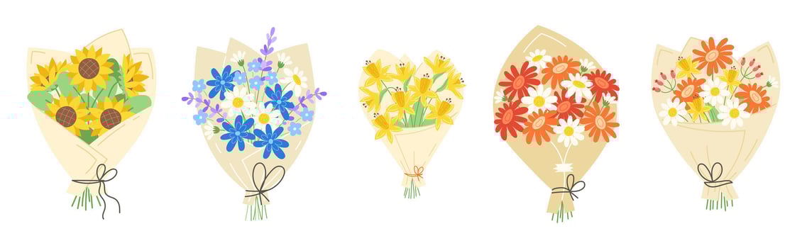 Collection of Spring Floral Arrangements with Yellow Daffodils, Sunflowers, Daisies, Wildflowers, and Gerberas vector