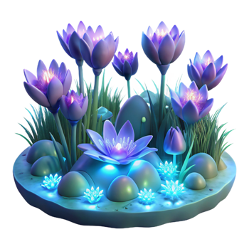 vibrant classic A field of blooming, bioluminescent flowers, emitting a soft, otherworldly glow, dark fantasy style, high quality png