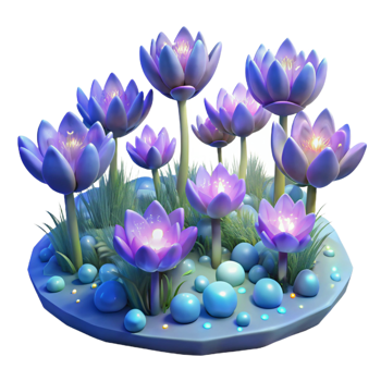 extraordinary artistic A field of blooming, bioluminescent flowers, emitting a soft, otherworldly glow, dark fantasy style, high resolution png