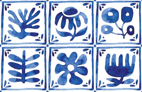 seamless pattern of abstract flowers and plants in modern style, tile. blue watercolor vector