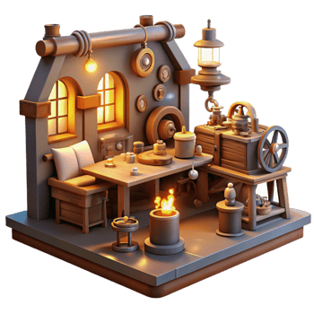 impressive classic A cluttered steampunk workshop, filled with tools, gears, and half-finished inventions, lit by warm, flickering candlelight, highly detailed high quality png