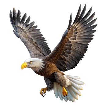 elegant traditional A majestic bald eagle soaring through a clear blue sky, powerful wings spread wide, dynamic lighting, photorealistic style genuine png