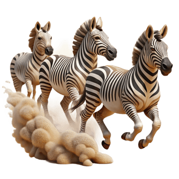 beautiful traditional A group of zebras galloping across the African savanna, dust clouds billowing, dramatic lighting, wildlife photography style premium png