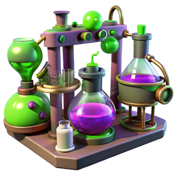 stunning traditional A steampunk laboratory filled with bubbling potions and strange devices, green and purple lighting, mad scientist theme professional png