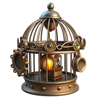 dramatic traditional A steampunk birdcage containing a mechanical bird, intricate details, dimly lit high resolution png