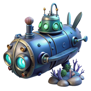 magnificent minimalist A steampunk submarine exploring a deep-sea trench, underwater lighting, bioluminescent creatures exclusive png