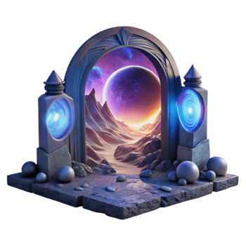 vibrant contemporary A portal swirling with cosmic energy, opening onto a breathtaking alien landscape, with twin suns in the sky. Surreal lighting, fantasy art style 4K png