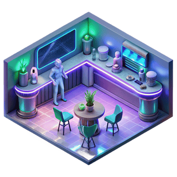 serene traditional A futuristic bar, filled with holographic projections and alien patrons, bathed in neon light. Cyberpunk lighting, isometric style 4K png