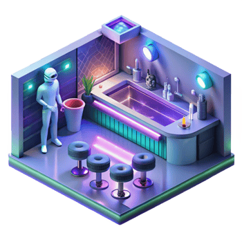impressive classic A futuristic bar, filled with holographic projections and alien patrons, bathed in neon light. Cyberpunk lighting, isometric style original png