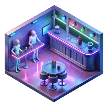 elegant artistic A futuristic bar, filled with holographic projections and alien patrons, bathed in neon light. Cyberpunk lighting, isometric style 4K png