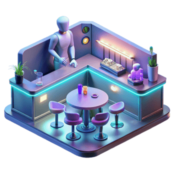 serene traditional A futuristic bar, filled with holographic projections and alien patrons, bathed in neon light. Cyberpunk lighting, isometric style genuine png