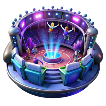 stunning artistic A futuristic sports arena, filled with cheering crowds and holographic displays, during a fast-paced zero-gravity game. Dynamic lighting, sports illustration style professional png
